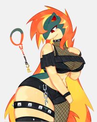 animal_ears asymmetrical_legwear bare_shoulders beige_fur blonde_hair bracelet breasts chain choker cleavage crop_top fiery_hair fishnet_thighhighs fishnets furry furry_female gen_2_pokemon green_fur hand_on_own_chest highres jewelry large_breasts long_hair midriff navel nintendo orange_hair pokemon pokemon_(creature) quilava red_eyes spiked_choker spiked_thighlet spikes thick_thighs thighhighs thighs togetoge very_long_hair wide_hips