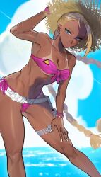 1girl artist_logo bangle bead_bracelet beads belt bikini bikini_tan blonde_hair blue_eyes bracelet braid breasts cammy_white cleavage closed_mouth cloud commentary dark-skinned_female dark_skin day feet_out_of_frame front-tie_bikini_top front-tie_top hand_on_own_thigh hat highleg highleg_bikini highres jewelry large_breasts leaning_forward light_blush light_smile logo looking_at_viewer multiple_bracelets nail_polish navel necklace ocean official_alternate_costume outdoors pink_bikini pouch side-tie_bikini_bottom solo standing strapless strapless_bikini straw_hat street_fighter street_fighter_6 sun_hat swimsuit symbol-only_commentary tan tanline thigh_belt thigh_strap trnnmnm4 very_long_fingernails watermark white_belt white_nails