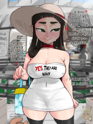 1girl bag bare_shoulders black_hair black_thighhighs breasts choker cleavage clothes_writing commentary covered_erect_nipples dark-skinned_male dark_skin dress english_commentary english_text eyeliner female_pervert fuda_hana_(kae&#039;est) green_eyes handbag hat heart heart-shaped_pupils highres impossible_clothes impossible_dress kae&#039;est large_breasts long_hair looking_away makeup mall no_bra original pervert pov pov_dating pov_hands red_choker ribbed_thighhighs short_dress skindentation solo_focus speech_bubble standing strapless strapless_dress sun_hat sweat nervous_sweating symbol-shaped_pupils thick_thighs thighhighs thighs trembling white_dress zettai_ryouiki