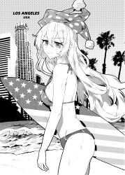 Rule 34 | 1girl, absurdres, american flag, american flag print, beach, bikini, breasts, closed mouth, clownpiece, commentary, cowboy shot, flag print, greyscale, hair between eyes, hat, highres, holding, holding surfboard, jester cap, long hair, looking at viewer, looking to the side, los angeles, medium breasts, monochrome, ocean, outdoors, pom pom (clothes), senmura, solo, surfboard, swimsuit, touhou, very long hair, water