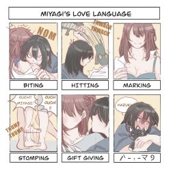 2girls anger_vein barefoot biting_shoulder black_hair blue_bra blue_eyes blush bra braid brown_hair closed_mouth commentary elephon english_commentary english_text grey_shirt half_up_braid hickey highres jewelry long_hair medium_hair miyagi_shiori multiple_girls necklace open_clothes open_shirt sendai_hazuki shirt shuuniichido_classmate_wo_kau_hanashi smile stepping_on_another&#039;s_foot stuffed_animal stuffed_cat stuffed_crocodile stuffed_toy translation_request underwear white_shirt yuri
