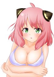 1girl aged_up anya_(spy_x_family) arms_under_breasts bikini blush breasts cleavage collarbone crossed_arms dot_nose eyebrows_hidden_by_hair eyelashes female_focus green_eyes large_breasts looking_at_viewer medium_hair open_mouth pink_hair saratto_2zyo solo spy_x_family swimsuit variant_set white_bikini