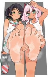 2girls :q absurdres barefoot black_hair comandante_cappellini_(kancolle) dark-skinned_female dark_skin feet green_eyes highres holding_hands kantai_collection light_blush long_hair looking_at_viewer medium_hair multiple_girls nairo one-piece_swimsuit pink_hair scirocco_(kancolle) shoes single_shoe soles steam swimsuit toes tongue tongue_out twintails unworn_shoes