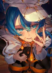 1girl absurdres aqua_eyes artist_name blue_hair brown_dress caramel_pain_(hoshimachi_suisei) chef_hat dress hair_between_eyes hat highres hololive hoshimachi_suisei liquid long_sidelocks looking_at_viewer makigaihe multicolored_dress official_alternate_costume orange_pantyhose orange_thighhighs pantyhose ponytail sidelocks sleeve_cuffs smile solo star_(symbol) star_in_eye striped_clothes striped_pantyhose symbol_in_eye thighhighs two-tone_pantyhose two-tone_thighhighs virtual_youtuber w wet white_dress