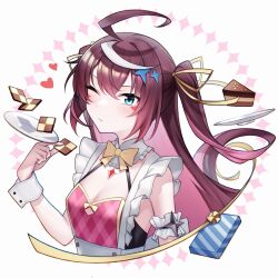 1girl alternate_costume antenna_hair apron argyle_clothes bare_shoulders blue_eyes blush bow bowtie breasts brown_hair cake cake_slice chromatic_aberration cleavage closed_mouth collar cookie detached_collar epic_seven facial_mark food frilled_apron frilled_collar frills gift highres holding holding_food luluca_(epic_seven) medium_breasts one_eye_closed plate solo triangle triangle_facial_mark two_side_up upaaa1114 upper_body yellow_bow yellow_bowtie