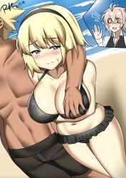 absurdres arm_under_breasts bikini blonde_hair blush breasts fate/grand_order fate_(series) grabbed_breast_over_shoulder grabbing_another&#039;s_breast groping hairband hetero highres jeanne_d&#039;arc_(fate) jeanne_d&#039;arc_(swimsuit_archer)_(fate) jeanne_d&#039;arc_(swimsuit_archer)_(first_ascension)_(fate) large_breasts netorare ryle short_hair sieg_(fate) swimsuit waving