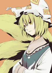 1girl bad_id bad_pixiv_id blonde_hair female_focus fox_tail hands_in_opposite_sleeves hat ica multiple_tails solo tail touhou yakumo_ran yellow_eyes