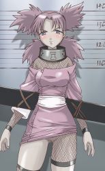 1girl bdsm blue_eyes blush bondage bound bound_arms censored clothes_lift female_focus fishnets forehead_protector mugshot naruto naruto_(series) pink_hair pussy quad_tails rope skirt skirt_lift solo standing tasaka_shinnosuke temari_(naruto)