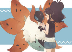 1girl arms_up big_hair blue_eyes blue_shorts brown_hair bug commentary_request gen_5_pokemon high_ponytail highres hilda_(pokemon) hime_(himetya105) insect loose_hair_strand moth multiple_wings nintendo open_mouth pokemon pokemon_bw ponytail shorts smile solo standing volcarona wings
