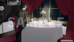 1boy ascot black_ascot black_coat black_gloves black_hair candle candlelight candlestand carpet chair clock closed_mouth coat colored_inner_hair copyright_notice cowboy_shot cup curtained_hair curtains expressionless flower fork gloves grandfather_clock grey_shirt hair_over_one_eye holding holding_cup indoors knife long_sleeves male_focus marikin021 medium_hair multicolored_hair muntins night nijisanji nijisanji_en official_art open_clothes open_coat painting_(object) pink_hair plate puffy_long_sleeves puffy_sleeves rose sample_watermark scar scar_across_eye scar_on_face shadow shirt sitting solo table tablecloth tea teacup vase vezalius_bandage virtual_youtuber watermark white_flower white_rose window yellow_eyes