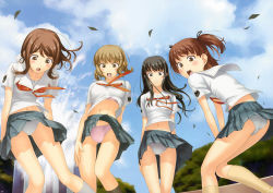 Rule 34 | 4girls, aihara nana, blush, bra, clothes lift, embarrassed, futami eriko, hair ribbon, hoshino yuumi, kimi kiss, legs, lineup, lingerie, mizusawa mao, multiple girls, panties, pantyshot, ribbon, school uniform, serafuku, skirt, skirt lift, sky, socks, tanaka shoutarou, thighhighs, thighs, underwear, upskirt, wind, wind lift
