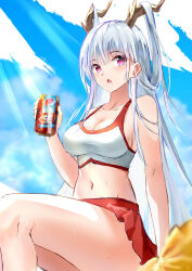 1girl absurdres akusamu azur_lane blue_sky breasts can cheerleader cleavage cloud cola commentary_request dragon_girl dragon_horns drink_can grey_hair hair_on_horn halterneck hand_up highres holding holding_can horns long_hair looking_to_the_side medium_breasts midriff miniskirt navel open_mouth pepsi pleated_skirt pom_pom_(cheerleading) purple_eyes red_skirt shimanto_(azur_lane) sitting skirt sky soda_can solo sports_bra sweat thighs white_sports_bra