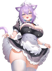 1girl aa44 animal_ears apron black_dress blush breasts cat_ears cat_girl cat_tail colored_inner_hair dress fingernails highres hololive large_breasts looking_at_viewer maid medium_hair multicolored_hair nail_polish nekomata_okayu open_mouth pink_eyes pink_nails purple_hair purple_tail short_sleeves simple_background smile solo tail thighhighs thighs two-tone_hair virtual_youtuber white_apron white_background white_thighhighs