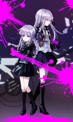 2020 2girls black_background black_boots black_gloves black_jacket black_ribbon black_shoes black_skirt black_socks blazer blood blood_splatter blunt_bangs boots bow bowtie braid brown_necktie character_name child christy_mii collared_jacket collared_shirt danganronpa danganronpa:_trigger_happy_havoc danganronpa_(series) danganronpa_kirigiri dot_nose expressionless floating_hair frilled_shirt frills full_body gloves hair_ribbon high_heel_boots high_heels highres jacket kirigiri_kyoko knee_boots kneehighs knees lapels long_hair long_sleeves looking_ahead low_twin_braids miniskirt multiple_girls necktie notched_lapels open_clothes open_jacket outstretched_arm pink_blood pleated_skirt pointy_nose purple_bow purple_bowtie purple_eyes purple_hair purple_jacket purple_ribbon purple_skirt ribbon shirt shoes side_braid signature single_braid skirt socks standing studded_gloves time_paradox twin_braids uwabaki very_long_hair white_shirt white_skirt wiping_blood