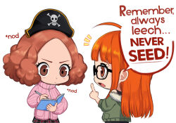 2girls blunt_bangs book brown_eyes brown_hair chibi closed_mouth commentary english_commentary english_text forehead fur-trimmed_jacket fur_trim glasses green_jacket hat highres holding holding_book jacket long_hair long_sleeves multiple_girls neggoartz notice_lines okumura_haru open_mouth orange_hair persona persona_5 piracy pirate_hat sakura_futaba simple_background speech_bubble teaching white_background