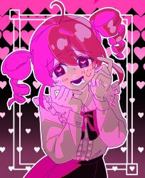Rule 34 | 1girl, ahoge, alternate costume, alternate hair color, black bow, black bowtie, black skirt, blush, bow, bowtie, buttons, collared shirt, double-parted bangs, flat chest, frilled shirt collar, frills, hair between eyes, hands up, heart, heart-shaped pupils, heart print, highres, kasane teto, long sleeves, lower teeth only, morumo 39, open mouth, pink hair, print background, push-button, shirt, skirt, three-quarter sleeves, smile, solid oval eyes, solo, sweat, symbol-shaped pupils, teeth, utau