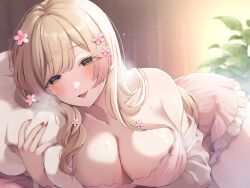 1girl absurdres bed blonde_hair blush breasts cleavage collarbone flower hair_flower hair_ornament highres indoors large_breasts leaf lingerie long_hair looking_at_viewer lying nightgown on_bed on_side open_mouth original pillow pink_nightgown seductive_smile sidelocks sleepwear smile solo sweat tarou_(komekueyo) underwear yellow_eyes
