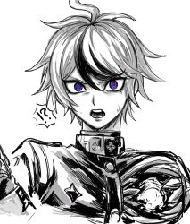 !? 1boy ahoge armband blue_eyes chamuchai gakuran greyscale greyscale_with_colored_eyes highres hole_in_chest hole_on_body last_defense_academy_school_uniform looking_at_viewer male_focus monochrome multicolored_hair portrait school_uniform short_hair simple_background solo spot_color streaked_hair sumino_takumi the_hundred_line_-last_defense_academy-