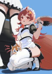 1girl absurdres alternate_costume apron belt black_gloves black_shoes breasts enmaided flipped_hair gloves high_heels highres idolmaster idolmaster_shiny_colors komiya_kaho long_hair looking_at_viewer maid maid_apron maid_headdress mamemaru_(shiny_colors) multiple_views puffy_short_sleeves puffy_sleeves red_eyes red_hair shiba_inu shoes short_sleeves small_breasts thigh_belt thigh_strap thighhighs tiptoes tomber white_thighhighs