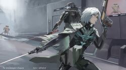 Rule 34 | 1boy, 1other, absurdres, artist name, asymmetrical dual wielding, black coat, black pants, closed mouth, coat, coat on shoulders, commentary, commission, dual wielding, exoskeleton, eyepatch, grey hair, gun, helmet, highres, holding, holding gun, holding sword, holding weapon, looking ahead, mechabare, pants, pixiv commission, punishing: gray raven, robot, short hair, sodacola, sword, watanabe: epitaph (pgr), watanabe (pgr), weapon