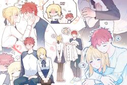 Rule 34 | 1boy, 1girl, ahoge, artoria pendragon (fate), baboteolsegongsa, blonde hair, blush, braid, braided bun, bun with braided base, chibi, couple, emiya shirou, fate/stay night, fate (series), green eyes, hair bun, hug, looking at another, red hair, saber (fate)