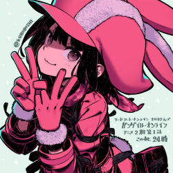 1girl animal_hat black_hair commentary_request finger_counting fur_trim gloves hat jacket kuroboshi_kouhaku llenn_(sao) looking_at_viewer pink_eyes pink_hat pink_jacket rabbit_hat smile solo sword_art_online sword_art_online_alternative:_gun_gale_online upper_body