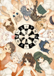 6+girls :d animal_ears armpits arms_behind_back arms_up azuki_akizuki bandeau bare_shoulders black_hair blue_eyes blue_hair blunt_bangs blush boar_(chinese_zodiac) book brown_hair child chinese_zodiac circle_formation closed_eyes cow_girl dog_(chinese_zodiac) dragon_(chinese_zodiac) dress drooling flat_chest from_above green_hair grey_hair grin hair_between_eyes hair_ornament hair_rings havemoon high_side_ponytail holding holding_book horns horse_(chinese_zodiac) leaf light_smile long_hair looking_at_another looking_at_viewer looking_away lying monkey_(chinese_zodiac) multiple_girls o_o on_back on_side open_book open_mouth orange_eyes orange_hair ox_(chinese_zodiac) pig_girl rabbit_(chinese_zodiac) rabbit_ears rat_(chinese_zodiac) red_eyes rooster_(chinese_zodiac) saliva scrunchie sharp_teeth sheep_(chinese_zodiac) short_hair side_ponytail sleeping smile snake_(chinese_zodiac) surprised tears teeth tiger_(chinese_zodiac) tiger_ears twintails wavy_hair white_dress white_hair yellow_eyes