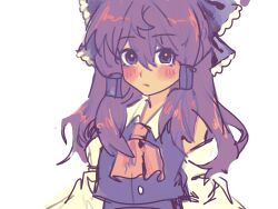 Rule 34 | 1girl, ascot, bingkuaihei, black eyes, black vest, blush, brown ascot, brown hair, chinese commentary, closed mouth, commentary request, detached sleeves, grey background, hair between eyes, hakurei reimu, highres, shirt, simple background, sleeveless, sleeveless shirt, solo, touhou, upper body, vest, white shirt, white sleeves