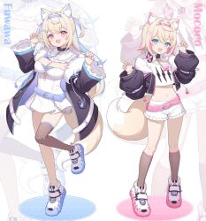 2girls alternate_costume animal_ear_fluff animal_ears apron arm_up armpits blonde_hair blue_eyes breasts chelly_(glisten_chelly) choker dog_ears dog_tail dress fishnet_socks fishnets flat_chest full_body fuwawa_abyssgard headphones highres hololive hololive_english long_hair looking_at_viewer maid_apron medium_breasts medium_hair multicolored_hair multiple_girls navel open_mouth pink_eyes pink_hair pink_skirt ribbon_choker shirt shoes short_sleeves shorts skirt sleeveless sleeveless_shirt smile socks tail thighhighs two-tone_hair virtual_youtuber waist_apron white_dress white_shirt white_shorts white_thighhighs