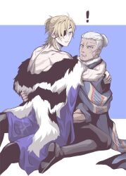 ! 2boys arm_around_waist black_fur blonde_hair blue_cape blue_eyes cape commentary crest dark-skinned_male dark_skin dedue_molinaro dedue_molinaro_(timeskip) dimitri_alexandre_blaiddyd dimitri_alexandre_blaiddyd_(timeskip) eyepatch facial_scar fire_emblem fire_emblem:_three_houses fur-trimmed_collar fur_trim grey_eyes hair_between_eyes highres male_focus megubiru multiple_boys multiple_scars nintendo off_shoulder one_eye_covered parted_lips patterned_clothing ponytail scar scar_on_arm scar_on_back scar_on_cheek scar_on_chin scar_on_face scar_on_forehead scar_on_mouth scarf short_ponytail sideburns sitting sitting_on_lap sitting_on_person straddling surprised sweatdrop symbol-only_commentary white_fur white_hair yaoi