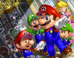 2girls 4boys artist_name baby_luigi baby_mario blonde_hair blue_eyes blue_overalls boots brothers brown_footwear brown_hair closed_eyes crown dress earrings facial_hair gloves green_headwear green_shirt hat indoors jewelry luigi mario mario_&amp;_luigi:_partners_in_time mario_&amp;_luigi_rpg mario_(series) mirror multiple_boys multiple_girls mustache nintendo open_mouth overalls partners_in_time pink_dress princess_peach princess_shroob red_headwear red_shirt reflection shirt short_hair siblings sphere_earrings watermark white_gloves yuuma_rimi