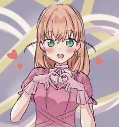 Rule 34 | 1girl, :d, aqua eyes, blurry, blurry background, blush, crossed bangs, dress, earrings, flower earrings, frilled dress, frilled sleeves, frills, gloves, heart, heart hands, highres, hinoshita kaho, hisho (rythm hisho), jewelry, link! like! love live!, looking at viewer, love live!, medium hair, neck ribbon, open mouth, orange hair, pink dress, pink gloves, pink ribbon, puffy short sleeves, puffy sleeves, reflection in the mirror (love live!), ribbon, short sleeves, smile, solo, two side up, virtual youtuber