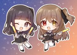 Rule 34 | 2girls, :d, ;d, assault lily, black capelet, black hair, black ribbon, black shoes, black skirt, blue background, blunt bangs, blush, brown hair, capelet, chibi, collared shirt, commentary request, cosplay, detached sleeves, full body, glowstick, gradient background, grey eyes, hair between eyes, hair ribbon, hands up, heterochromia, high-waist skirt, highres, holding, holding glowstick, hoshimori sana, kuo shenlin, kuo shenlin (cosplay), leg up, long hair, looking at viewer, miniskirt, multiple girls, neck ribbon, one eye closed, one side up, open mouth, orange background, outline, outstretched arms, penlight (glowstick), real life, red eyes, ribbon, school uniform, shirt, shoes, short sleeves, skirt, smile, sparkle, standing, standing on one leg, star (sky), starry sky background, thighhighs, very long hair, voice actor, voice actor connection, white outline, white shirt, white thighhighs, yellow eyes, yubari lemon (lemonlilie), yurigaoka girls academy school uniform, zettai ryouiki