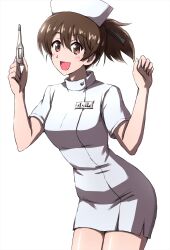 Rule 34 | 1girl, alternate costume, bad id, bad twitter id, brown eyes, brown hair, commentary, cowboy shot, dress, girls und panzer, hat, highres, holding, holding thermometer, koyama yuzu, leaning forward, looking at viewer, medium hair, name tag, nurse, nurse cap, omachi (slabco), open mouth, ponytail, short dress, short ponytail, short sleeves, simple background, smile, solo, standing, thermometer, translated, white background, white dress, white hat