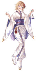 1girl :d absurdres blue_eyes blue_nails blush breasts commentary_request europa_(granblue_fantasy) fingernails flower full_body geta granblue_fantasy hair_flower hair_ornament highres holding japanese_clothes kanpyou_(hghgkenfany) kimono long_fingernails long_sleeves looking_at_viewer medium_breasts nail_polish obi open_mouth pouch print_kimono red_flower sash short_hair simple_background smile solo tabi tassel teeth upper_teeth_only white_background white_kimono wide_sleeves