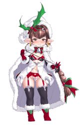 1girl alternate_costume bell blush boots breasts brown_eyes brown_hair christmas cloak full_body garter_belt garter_straps gloves gluteal_fold granblue_fantasy haaselia harvin highres holding holding_leash hood hooded_cloak leash long_hair navel pointy_ears small_breasts smile solo thighhighs yggsil