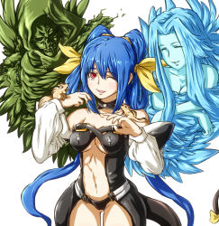 1boy 2girls ;d ^_^ animal animal_on_hand bare_shoulders black_choker black_tail blue_hair blue_skin breasts chipmunk choker cleavage closed_eyes colored_skin commentary_request curtained_hair detached_sleeves dizzy_(guilty_gear) guilty_gear guilty_gear_xx hair_ribbon hair_rings long_hair long_sleeves medium_breasts multiple_girls navel necro_(guilty_gear) one_eye_closed open_mouth puffy_long_sleeves puffy_sleeves red_eyes ribbon simple_background smile squirrel tail tail_ornament tail_ribbon torako_(toramaru) twintails underboob undine_(guilty_gear) very_long_hair white_background white_sleeves yellow_ribbon