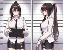 1girl black_necktie black_skirt blue_eyes breasts brown_hair closed_mouth commission cowboy_shot cuffs dogs_(dlrkdejr26) fingernails from_side hair_between_eyes handcuffs holding holding_sign large_breasts long_hair long_sleeves looking_at_viewer miniskirt mugshot multiple_views necktie original ponytail sign single_hair_intake skirt thigh_strap