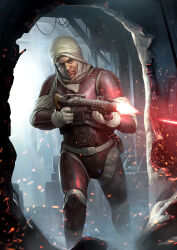 1boy darren_tan day dengar energy_gun firing gun highres holding holding_gun holding_weapon indoors machine_gun male_focus mg34 muzzle_flash shadow solo star_wars sunlight weapon white_turban