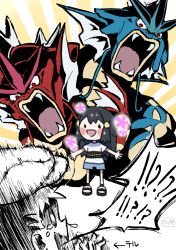 Rule 34 | 1boy, 1girl, :d, akari (pokemon), alternate color, arrow (symbol), black eyes, black hair, black sandals, black sash, blue shorts, blush, character name, chibi, commentary request, flower symbol, gen 1 pokemon, gyarados, hair ornament, hairclip, highres, long hair, nintendo, open mouth, partially colored, pokemon, pokemon (creature), pokemon legends: arceus, rei (pokemon), sandals, sasami 642, sash, shiny pokemon, shirt, short sleeves, shorts, smile, standing, t-shirt