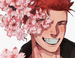 1boy black_shirt blush branch chel_(veemeenniee) cherry_blossoms close-up closed_eyes collared_shirt commentary english_commentary fang flower grin highres male_focus pink_flower popped_collar red_hair sakuragi_hanamichi shirt short_hair simple_background slam_dunk_(series) smile solo teeth white_background