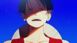Rule 34 | 1boy, absurdres, bare shoulders, black eyes, black hair, blue background, collarbone, commentary request, facial scar, hat, highres, korean commentary, looking up, male focus, monkey d. luffy, one piece, oophytoncideoo, open mouth, portrait, red shirt, scar, scar on cheek, scar on face, shirt, short hair, sleeveless, sleeveless shirt, solo, straight-on, straw hat, teeth, unworn hat, unworn headwear, upper body