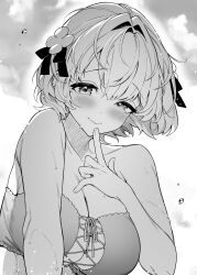 1girl absurdres bikini blush breasts cleavage closed_mouth cloud collarbone cross-laced_bikini cross-laced_clothes flower giuniu greyscale hair_flower hair_ornament hair_ribbon highres monochrome novel_illustration official_art otoko_girai_na_bijin_shimai_wo_namae_mo_tsugezu_ni_tasuketara_ittai_dounaru? ribbon second-party_source shinjou_aina_(otomai) short_hair sky smile solo swimsuit upper_body wet