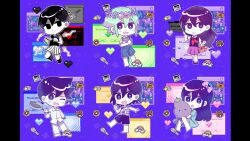 2girls 4boys alternate_eye_color antenna_hair apple aubrey_(headspace)_(omori) aubrey_(omori) banana bare_arms bare_shoulders barefoot basil_(headspace)_(omori) basil_(omori) black_eyes black_hair black_shirt black_shoes black_socks blue_overalls blue_shirt blush book bow bright_pupils chibi chibi_only closed_mouth collared_shirt colored_skin double-parted_bangs empty_eyes flower food fruit frying_pan full_body genk1zam4s grapes green_hair hair_between_eyes hair_bow head_wreath heart hero_(headspace)_(omori) hero_(omori) highres holding holding_book holding_knife holding_stuffed_toy jumping kel_(headspace)_(omori) kel_(omori) kneehighs knife long_hair long_shirt long_sleeves looking_at_viewer male_focus mari_(headspace)_(omori) mari_(omori) mr._plantegg_(omori) multiple_boys multiple_girls neckerchief no_pupils omori omori_(omori) one_eye_closed open_mouth outline overall_shorts overalls pajamas picnic_basket picnic_blanket pillarboxed pink_bow pixel_art_inset pleated_skirt purple_background purple_eyes purple_hair purple_shorts purple_sweater_vest red_neckerchief red_skirt scrapbook shirt shoes short_hair short_sleeves shorts sideways_glance simple_background skirt sleeveless sleeveless_shirt smile socks sparkle striped_clothes striped_shorts stuffed_eggplant stuffed_toy sweater_vest t-shirt tank_top vertical-striped_clothes vertical-striped_shorts very_short_hair white_outline white_pupils white_shirt white_shorts white_skin window_(computing)