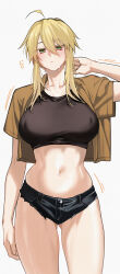 1girl absurdres ahoge artoria_pendragon_(fate) artoria_pendragon_(lancer)_(fate) black_shirt black_shorts blonde_hair blush breasts collarbone colored_eyelashes covered_erect_nipples crop_top cropped_shirt denim denim_shorts eyelashes fate/grand_order fate_(series) gluteal_fold green_eyes hair_between_eyes highres kamisato_sora large_breasts micro_shorts midriff navel shirt short_shorts shorts sidelocks simple_background solo stomach thighs white_background
