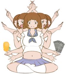 1girl breasts brown_hair buddhism conjoined extra_arms female_focus hinduism kill_la_kill large_breasts lotus_position mankanshoku_mako midriff money multiple_heads navel no_shoes parody r-u-r-i school_uniform serafuku short_hair sitting socks solo transparent_background
