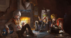 Rule 34 | 4boys, animal, animal on head, armband, baphomet (ragnarok online), black gloves, black pants, blonde hair, blue eyes, brown coat, brown footwear, brown pants, brown shirt, brown shorts, card, carpet, cat, cat on head, chain, champion (ragnarok online), closed mouth, coat, commentary, commission, crop top, crown, english commentary, fingerless gloves, fire, fireplace, full body, fur-trimmed shirt, fur-trimmed shorts, fur trim, gloves, green hair, grey pants, hat, high priest (ragnarok online), holding, holding card, hood, hooded coat, layered clothes, long hair, long sleeves, moonlight flower, multicolored coat, multiple boys, mummy, nunchaku, on head, open clothes, open coat, open mouth, osiris (ragnarok online), painting (object), pants, pants under shorts, pirate hat, playing card, ragnarok online, red coat, red scarf, scarf, shilin, shirt, shoes, short hair, shorts, sitting, sleeveless, sleeveless coat, sleeveless shirt, smile, sniper (ragnarok online), sword, throne, trophy head, two-tone coat, two-tone gloves, two-tone shirt, weapon, white coat, white gloves, white hair, yellow shirt