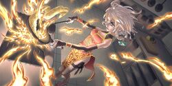 1girl alternate_costume aqua_bow bell_pepper blue_eyes bow braid breasts broccoli china_dress chinese_clothes commentary cooking cutting_board dress english_commentary fire food fried_rice game_cg hair_bow hair_ribbon highres holding holding_ladle holster indoors izayoi_sakuya kitchen knife knife_sheath ladle long_hair medium_breasts official_art pelvic_curtain red_dress red_shoes ribbon rippoutai sheath shoes side_slit solo stove thigh_holster thigh_strap third-party_source tomato touhou touhou_lostword tress_ribbon twin_braids white_hair wok