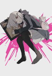 1girl :o animal_bag blood breasts brown_hair cat_bag collared_shirt danganronpa_(series) danganronpa_2:_goodbye_despair flipped_hair hair_ornament highres honma_(ly189) hood iei jacket long_sleeves medium_hair nanami_chiaki neck_ribbon no_shoes open_clothes open_jacket pink_blood pink_eyes ribbon shirt skirt solo spaceship_hair_ornament white_shirt