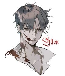 1boy :p blood blood_on_clothes blood_on_face brown_eyes collarbone english_text grey_hair licking_lips male_focus messy_hair original popped_collar portrait shirt short_hair simple_background solo tongue tongue_out white_background white_shirt yoimon